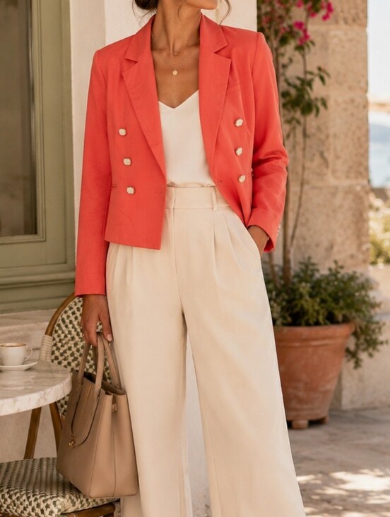 House of Harlow 1960 Jackets & Blazers - House of Harlow 1960 Coral Double Breasted Cropped Blazer Pearl Buttons S